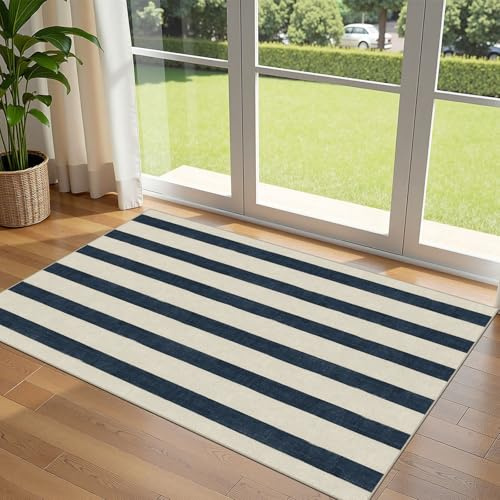 Othilic Blue and White Striped Entry Rug - 3x5 Ft Washable Indoor Outdoor Front Door Mat Outside Entrance Front Porch Mat Non-Slip Floor Carpet for Bedroom Entryway Kitchen Office Porch Decor