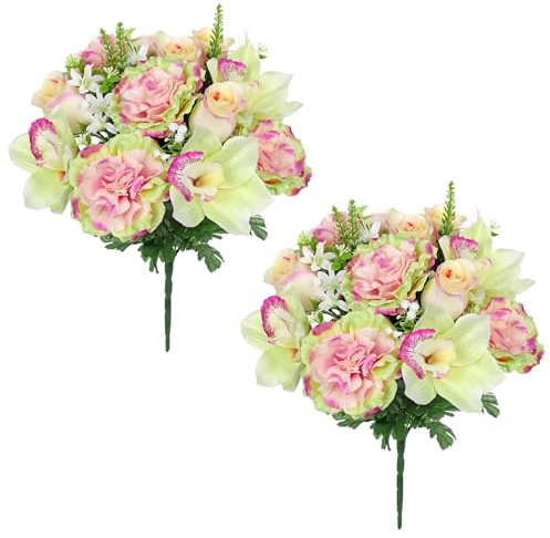 Hollyone 2er-Set Kunstblumen Grabgesteck Künstliche Friedhofsblumen für Grab Gedenkblumen mit Creme Grün Pfingstrose Lilie Gestecke für Friedhöfe Künstlicher Blumenstrauß Seidenblumen Grabschmuck