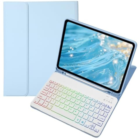 Bunte Tastaturhülle mit Hintergrundbeleuchtung für iPad 9,7 Zoll (6. / 5. Generation), Air, Air2, iPad Pro 9,7 Zoll (24,6 cm), mit magnetischer, abnehmbarer Bluetooth-RGB-Hintergrundbeleuchtung