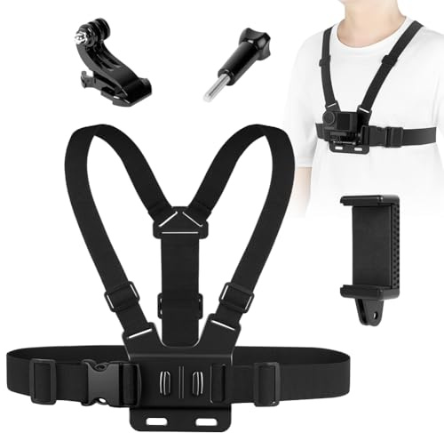 Adiwo Action Chest Strap Mount, Camera Adjustable Chest Strap with J Hook Adapter and Thumbscrew, Easy Installation, with Phone Holder, for Gopro Hero Series, OSMO and Most Cameras, Phone
