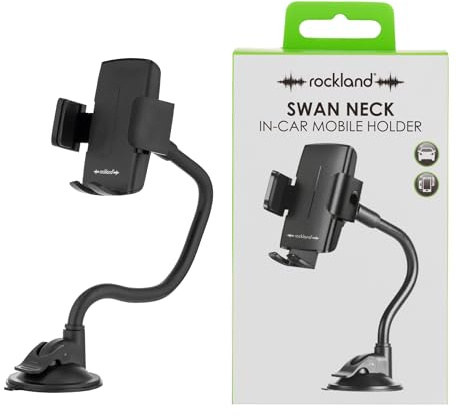 Rockland Swan Neck Car Phone Holder, Long Flexible Arm with Suction Mount, 360° Rotation, Adjustable Clamps, Dashboard and Windscreen Use