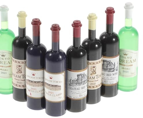 Parliky Lot de 8 Mini Bouteilles de Vin Décoratives Réalistes pour Maison de Poupée, Accessoires Miniatures Assortis, Décor de Scène D'aménagement, Kit Décoration Style Aléatoire