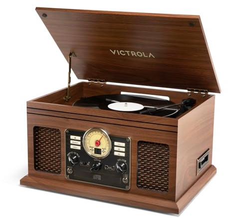Victrola The Quincy - Reproductor de discos Bluetooth 6 en 1 y centro multimedia con altavoces integrados, tocadiscos de 3 velocidades, reproductor de CD y casete, radio AM/FM, transmisión inalámbrica