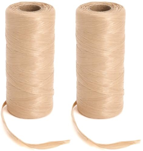2 Rollen Raffia Garn zum Häkeln, Raffia Bast & Bastband - 5mm x 200m Khaki Garn, wasserabweisend - für Taschen Häkeln, Hut, Schuhe, Deko, Geschenkband Natur