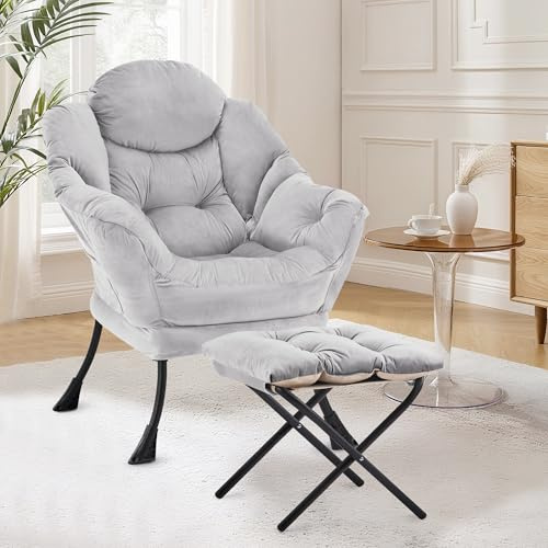XH Easy Go Lazy Chair mit Ottomane, Ohrensessel mit Hocker, bequemer Lesesessel Wohnzimmer, Relaxsessel mit Fußstütze, Lounge Armchair mit Seitentasche, Grau