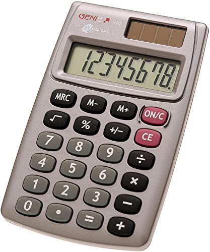 Genie 510 8-stelliger Taschenrechner (Dual-Power (Solar Und Batterie) Kompaktes Design) Grau