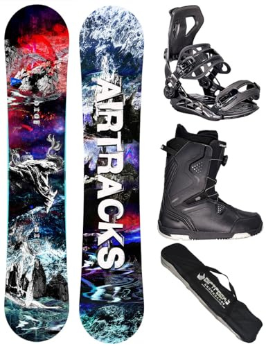 Airtracks Herren Snowboard Set - Fantasy Carbon Flat Zero Rocker Snowboard Freestyle Freeride Wide 148 - Softbindung Master - Softboots Strong ATOP 45 - SB Bag
