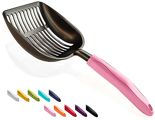 WePet Cuchara de arena para gatos, tamiz de aleación de aluminio chapado antiadherente, pala de metal duradera, pala profunda, mango largo, elevador de excrementos de gatitos, tamaño grande, cuerpo