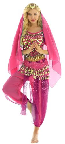 Yeahdor Damen Bauchtanz Kostüm Set Pailletten Bauchtanz Oberteil mit Mützen + Haremshose + Hüftschal + Schleier Karneval Fasching Cosplay Party Verkleidung A Rosen Einheitsgröße