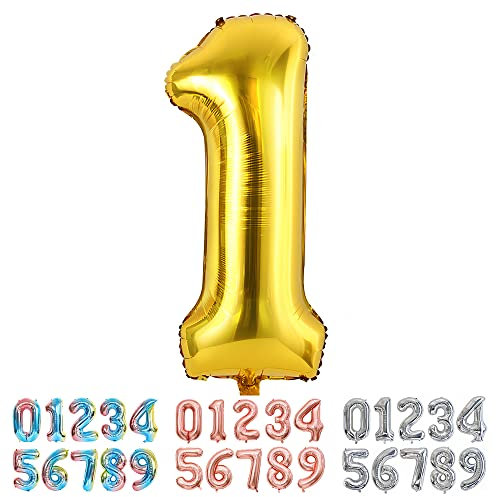 Ponmoo Luftballon Zahl 1 Gold, Riesen Nummer 0 1 2 3 4 5 6 7 8 9 10-19 20-29 30-39 40 50 60 70 80 90 100, groß Folienballons für Hochzeit Jubiläum, Geburtstagsballons Party Dekoration