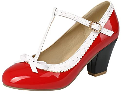 LOVOUO Donna Decolte Tacco Alto con Cinturino a T alla Caviglia Vernice Decolletè Fiocco Eleganti Scarpe Mary Jane Lolita