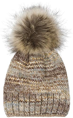 styleBREAKER Unisex Strick Bommelmütze bunt Gemustert mit Alpaka Anteil und Fleece Futter, Winter Fellbommel Mütze 04024179, Farbe:Braun-Beige-Grau