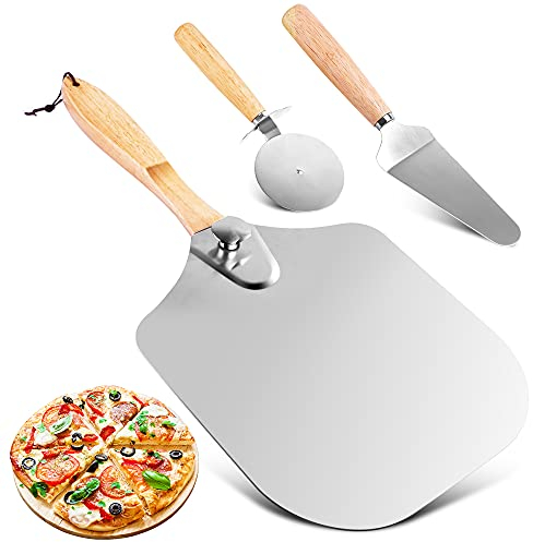 Pizza Cutter + Pizza Peel + Pizza Shovel, Pizza Transfer Set with Wooden Handle, Suitable for Baking Homemade Pizza, Toasting Bread, Baking Biscuits, and Making Cakes