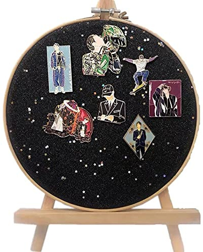 GISELA D Broschen-Anstecknadel, Schmuckaufbewahrung, Ständer, Ohrringe, Halskette, Glitzer-Pinnwand mit Sternen, Anstecknadel-Sammlung, Leinwand/Leder-Stickrahmen mit Stativ (schwarz)