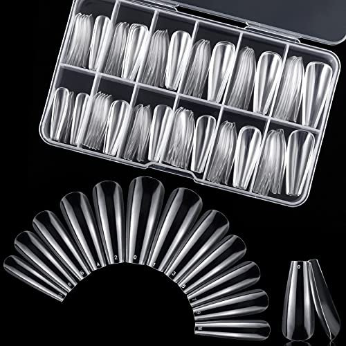 PAFUWEI 120 Pieces Ballerina Nail Tips Extra Long Coffin Nails Full Cover Clear Acrylic Nails Traceless False Fake Nail Tips with Case,12 Different Sizes for Girls Women Nail Salons & DIY Nail Art
