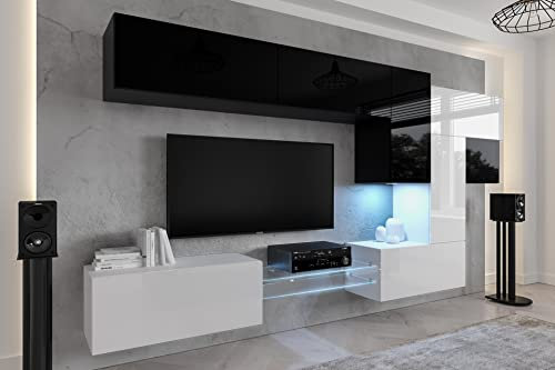 Furnitech Wohnwand Wohnzimmer | Wohnzimmer Möbel mit LED Weiß | Hängend Wohnwand Modern | Wohnzimmer Schrankwand mit Regale und TV Schrank (AN92NEW-21BW-HG4)