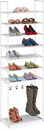 Relaxdays Schuhregal 8 Ebenen, Stecksystem, für 16 Paar Schuhe, 4 Stiefelhaken, Metall & Stoff, Flur Schuhablage, weiß