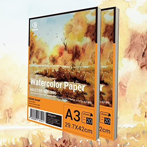 ESENG® Papier Aquarelle, 2x A3, 20 feuilles/bloc - 300 g/m² - Blanc - Bloc de papier pour aquarelle de qualité supérieure, dessin, peinture
