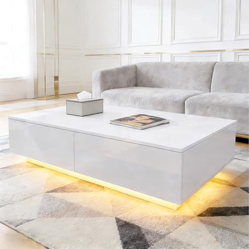 BESTWANTED Coffee Table, Coffee Table with Storage, White Gloss Coffee Table with LED Lights, Coffee Table for Living Room Rectangle Centre Table with 4 Drawers Home Office Furniture
