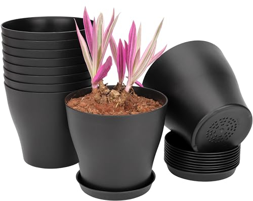BELLE VOUS 10 Pezzi Vasi Plastica Neri da Interno - Vasi Interno da 13,5 cm con Fori di Drenaggio e Sottovasi - Vasi Decorativi per Piante D’Appartamento, Piante Grasse o Vivai da Semina