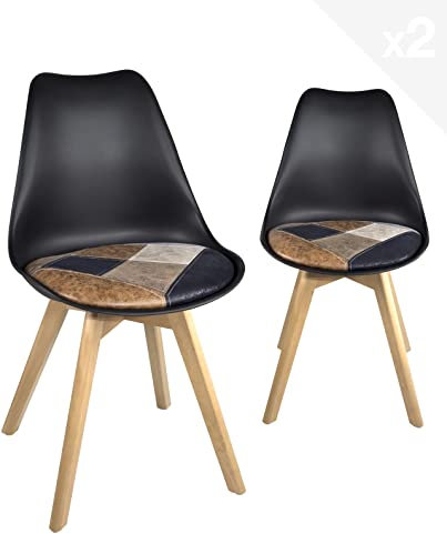 KAYELLES Lot de 2 chaises scandinaves, Coussin Simili Cuir Patchwork Multicolore rembourré, siège Plastique Souple, Pieds Bois de hêtre Clair Lao (Noir Patch Marron)