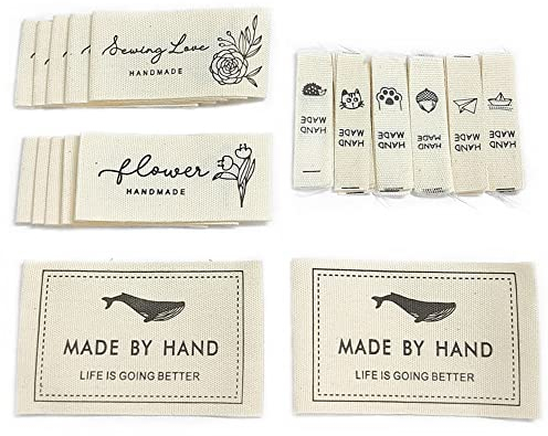 Zasvec 42 Stück Handmade Label zum Annähen aus Stoff Label Nähen Handmade Etiketten Einnähen Textiletiketten Handmade Stoffetiketten Handmade Stoff Labels Beige
