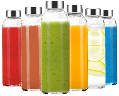 Luxfuel Lot de 6 bouteilles en verre transparent de 710 ml avec couvercles, réutilisables avec bouchon en acier inoxydable pour jus de fruits, réfrigérateur, 100 % étanches, sans BPA, bouteilles d'eau