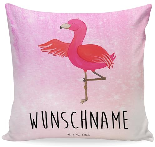 Mr. & Mrs. Panda Personalisiertes Kissen Flamingo Yoga - Personalisierte Geschenke, Kissenbezug personalisiert, Kuschelkissen, Baum, Aufgeregt, Yogi, mit Namen, Vogel, Namenskissen, Namaste