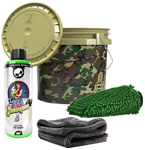 detailmate Auto Waschset - Magic Bucket Wascheimer 3,5 GAL mit Deckel Camouflage Grün + Nuke Guys Thick Shampoo 0,5L + Gamma Dryer Mikrofaser Trockentuch 1400GSM + Waschhandschuh