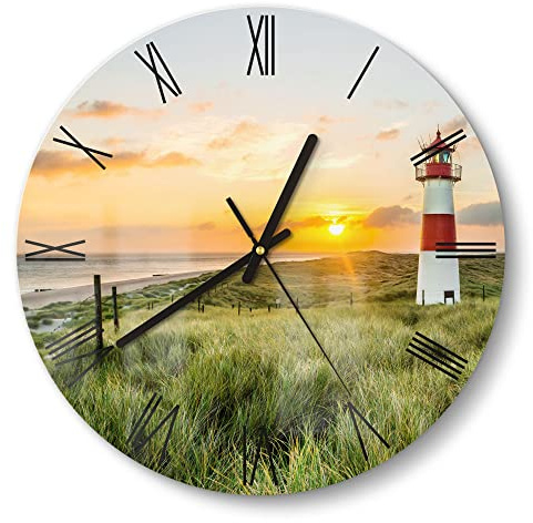 DEQORI Glasuhr | rund Ø 30 cm | Motiv Leuchtturmliebe | ausgefallene leise Design Uhr aus Glas | Wanduhr für Wohnzimmer & Küche | moderne Hingucker Uhr für die Wand