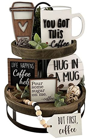 6PCS Rustic Summer Tiered Tray Decor Farmhouse Decorative Trays Signs Wood Tiered Tray Decor Coffee Cups Table Sign Decor Kitchen Sign Home Decor (Multicolor)