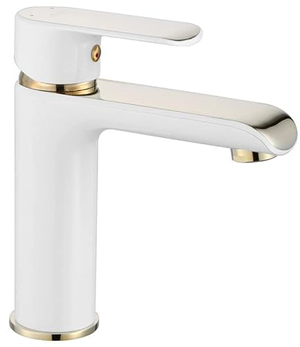 Rea Waschtischarmatur BLOOM WHITE GOLD BAS Wasserhahn Bad Badarmatur aus Messing Armatur für Waschbecken Badezimmer Mischbatterie Waschbecken Einhebel (Weiß/Gold)
