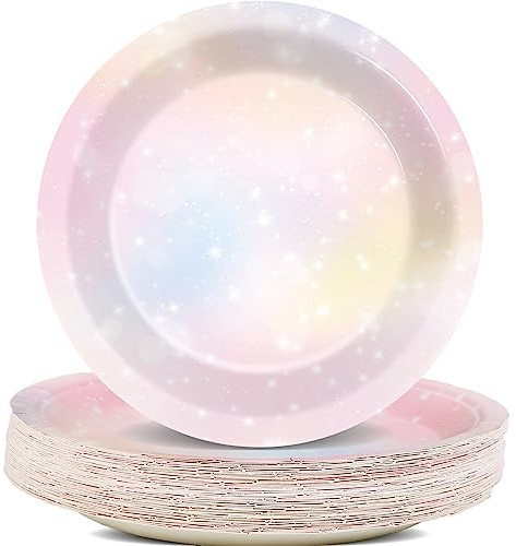 48 Pcs Pastel Rainbow Birthday Party Supplies - Colorful Boho Cake & Rainbow Plates - Disposable Paper Plates for Birthday, Baby Shower, Girls Wedding Party Decorations
