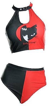 Emily the Strange Damen-Bikini-Set, zweiteiliger Badeanzug, hoher Halsausschnitt mit hoher Taille, Schwarz und Rot, Medium