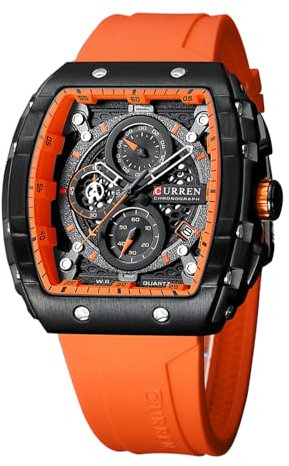 FORSINING Montre analogique à quartz pour homme - Grand cadran rectangulaire - Bracelet en silicone - Étanche - Calendrier - Date, Orange, Militaire