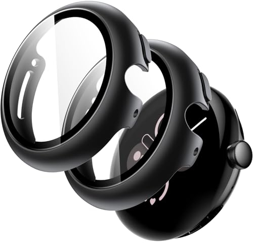 JETech Cover con Pellicola Protettiva per Google Pixel Watch 3/2/1 41mm, Integrato 9H Vetro Temperato Film PC Rigido Piena Copertura Custodia, 2 Pezzi (Nero/Nero)