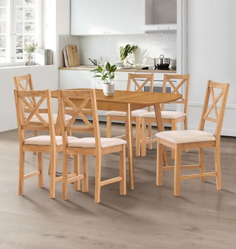 Hallowood Furniture Aston Light Oak Extending Dining Table and Chairs Set 6 | Wooden Oval Butterfly Table and Chairs in Cross Back and Beige Fabric Seats, Dining Room Sets for 6 People for Home and Cafe