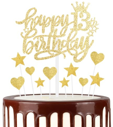 mciskin Gold Happy 13th Birthday Cake Toppers for Cake, Girls 13th Birthday Decorations,Personalised Cake Toppers for Girls,Glitter 13 Cake Topper Cupcake Topper for Party Cake Decoration