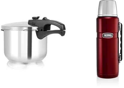 Tower T80244 6L/22cm Pressure Cooker with Steamer Basket, Stainless Steel, Silver & Thermos Stainless King Flask, Cranberry Red, Thermos Drinks Flask, Thermos Bottle, Thermos