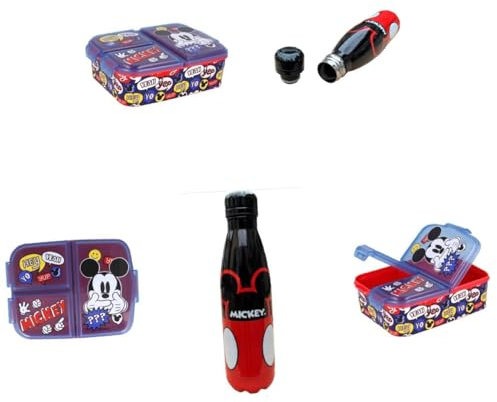 PELLECCHIA 1969 | Set Pranzo Scuola 2 Pezzi | Porta Merenda Scuola con 3 scomparti in Plastica BPA Free e Bottiglia termica in acciao inossidabile con tappo svitabile 500ml (TOPOLINO NERO)