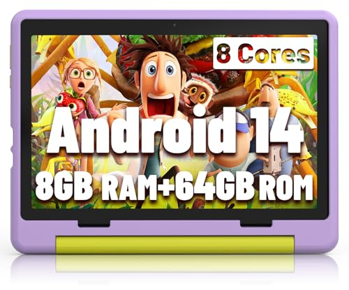 Jeazans Kinder-Tablet, verbessertes Android 14 Tablet, 25,4 cm (10 Zoll), mit Schutzhülle, Octa-Core, 64 GB, 1 TB TF-Karte, erweiterbar, Dual-Kamera, Kindersicherung, tolles Geschenk für Kleinkinder