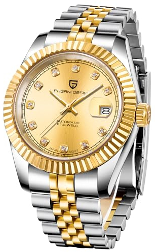 Pagani Design Automatikuhr, 40 mm Edelstahlgehäuse, Datumsanzeige, NH35-Uhrwerk, 100 m wasserdicht, Synthetisches Saphirglas (Gold Diamant)