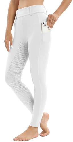 Reitleggings Damen Vollbesatz mit Handytasche, High Waist Reithose Damen Mädchen Stretch mit Gürtelschlaufen Weiß M