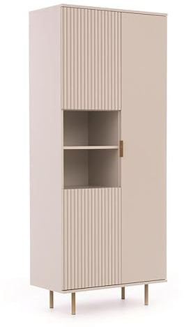 BETTSO - Regal Kaschmir - Regal mit Schubladen - 80cm breit, 190cm hoch - Hohe goldene Beine und Griffe, dekorative Rillen - Highboard, Wohznimmer Kommode - Hochkommode für Wohnzimmer, Schlafzimmer