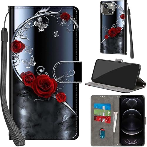 Haninsuze Case for iPhone 13/14, Sliver Butterfly | PU Leather, 3 Card Holder, Wallet Book Flip, Folio Stand View, Magnetic, Multi-Pattern Cover, Lanyard Strap