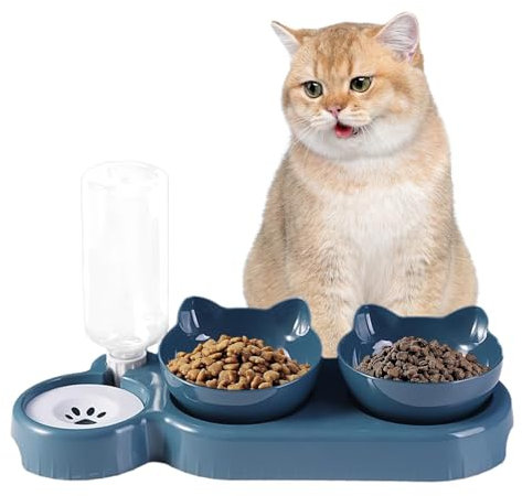 Sollee Tazón Doble para Mascotas, Tazón Doble para Gatos - Platos para Perros Inclinados a 15° con Botella dispensadora automática de Agua - Botella de Agua de 500 ml, Cuenco de alimentación para