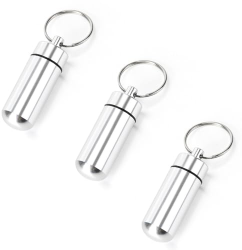 ZEVONDA 3 PCS Aluminum Alloy Pill Boxes - Waterproof Pill Cases Pill Container Silver Pills Bottle with Keychain Portable Medicine Box Pocket for Travel Outdoor Daily Use