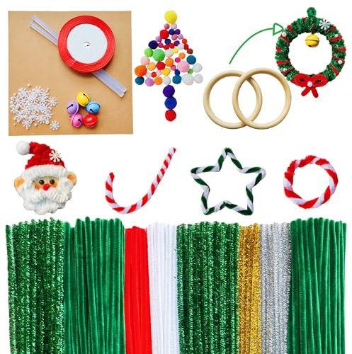 YYUENG TAK 200 pcs Pipe Cleaners for Craft, Green Pipe Cleaners for DIY Christmas Tree and Garland, Glitter Pipe Cleaners for Craft, with Wooden Rings, Card Paper, pom poms, Pearls