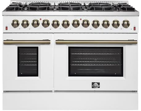 Forno Galiano 48 Dual Fuel Range, White & Antique Brass, 107,000 BTU, 6.58 cu.ft.Ovens