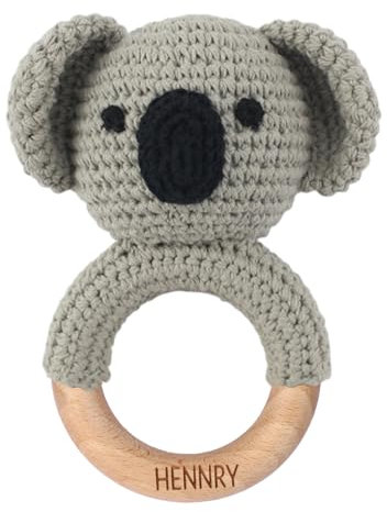 NGTSFLY Personalisierte Geschenke Baby - Personalisierter Beißring Baby aus Holz - Greifling Personalisiert Babyrassel mit Name, Geschenk zur Geburt Junge und Mädchen (Koala)